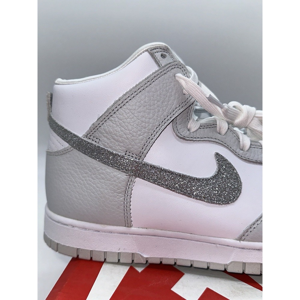 DMG Box Nike Dunk High 'Silver Glitter Swoosh' White Sneakers, Wmn 10 FJ4578-100 - Picture 8 of 12
